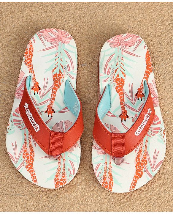 Cute Walk by Babyhug Slip On Flip Flops with Giraffe Print - Orange