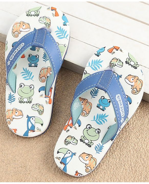 Cute Walk by Babyhug Slip On Flip Flops with Animals Print - Blue & White