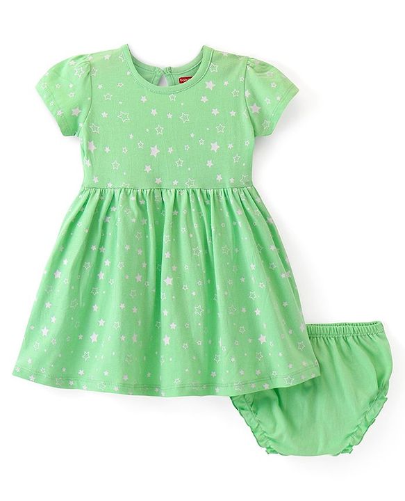 Babyhug Single Jersey Knit Half Sleeves Frock with Bloomer Star Print - Green