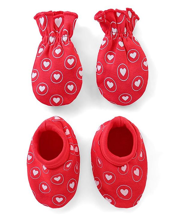 Babyhug 100% Cotton Mittens & Booties Hearts Print - Red