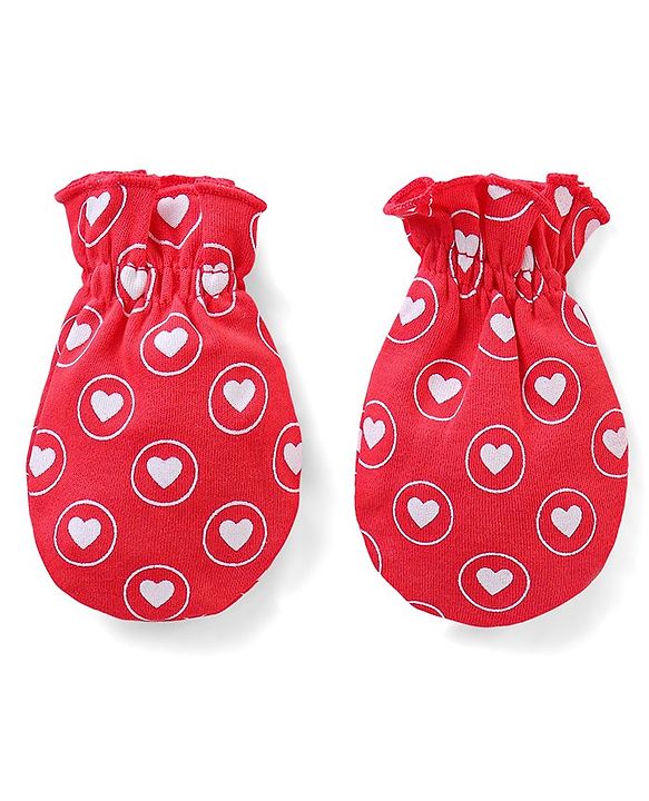 Babyhug 100% Cotton Mittens & Booties Hearts Print - Red