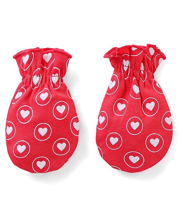Babyhug 100% Cotton Mittens & Booties Hearts Print - Red
