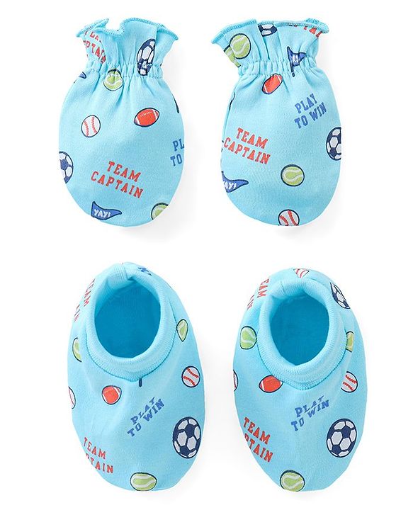 Babyhug 100% Cotton Mittens & Booties Sports Print - Blue