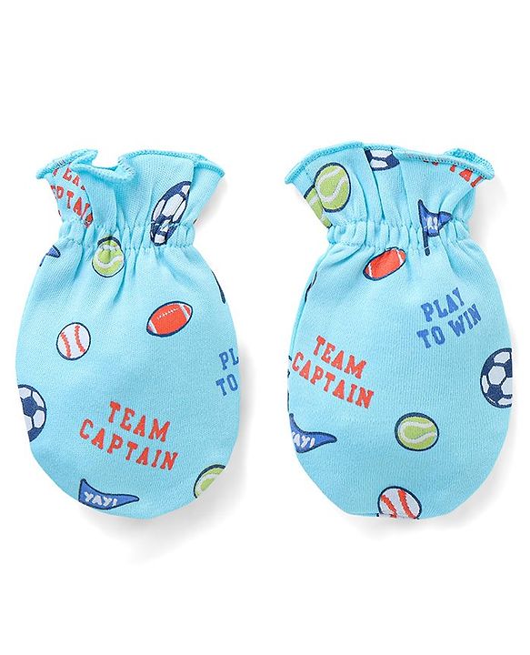 Babyhug 100% Cotton Mittens & Booties Sports Print - Blue