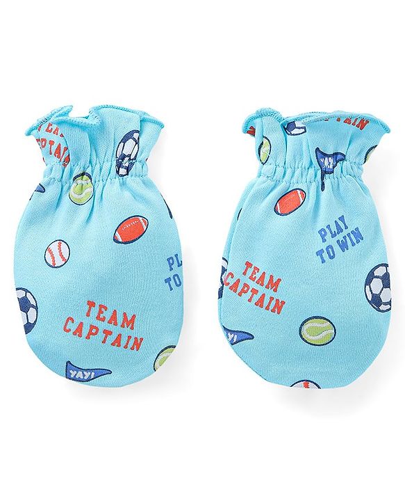 Babyhug 100% Cotton Mittens & Booties Sports Print - Blue