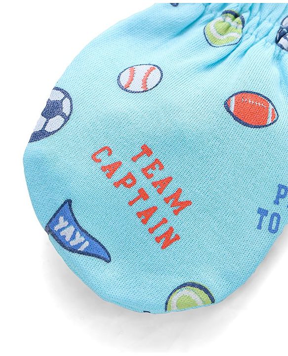 Babyhug 100% Cotton Mittens & Booties Sports Print - Blue