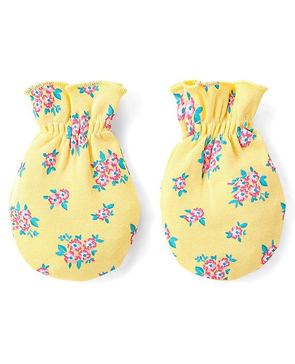 Babyhug 100% Cotton Mittens & Booties Floral Print - Yellow