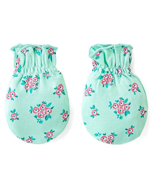 Babyhug 100% Cotton Mittens & Booties Floral Print - Green