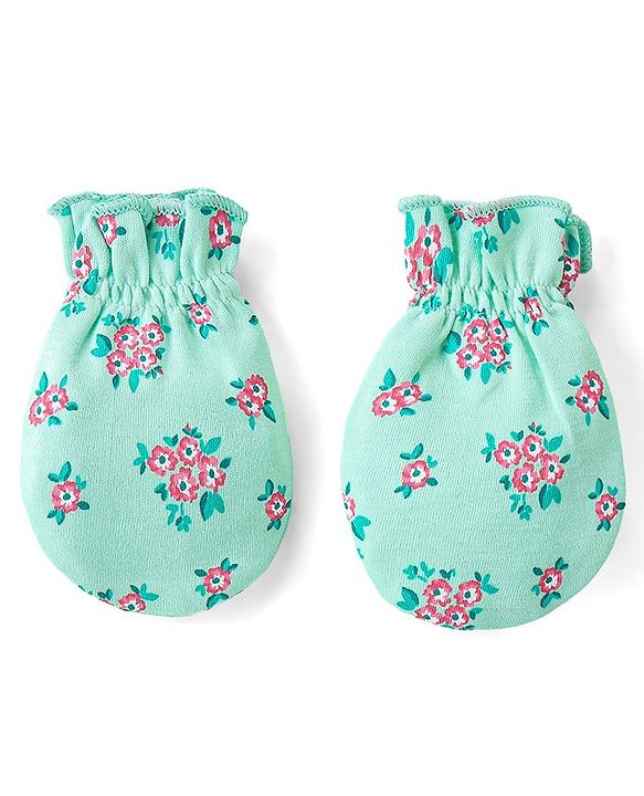 Babyhug 100% Cotton Mittens & Booties Floral Print - Green