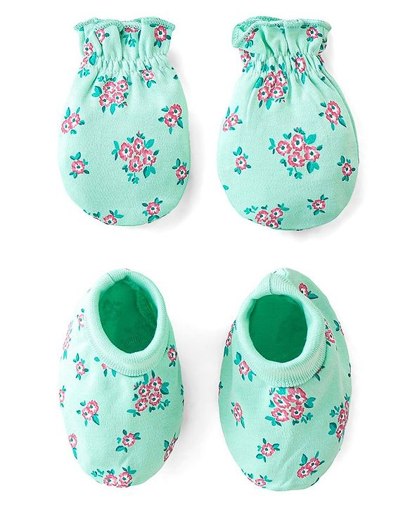 Babyhug 100% Cotton Mittens & Booties Floral Print - Green