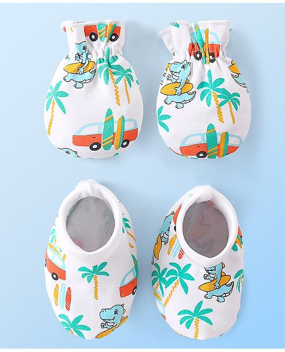 Babyhug 100% Cotton Knit Dino Printed Mittens & Booties Set - Multicolour