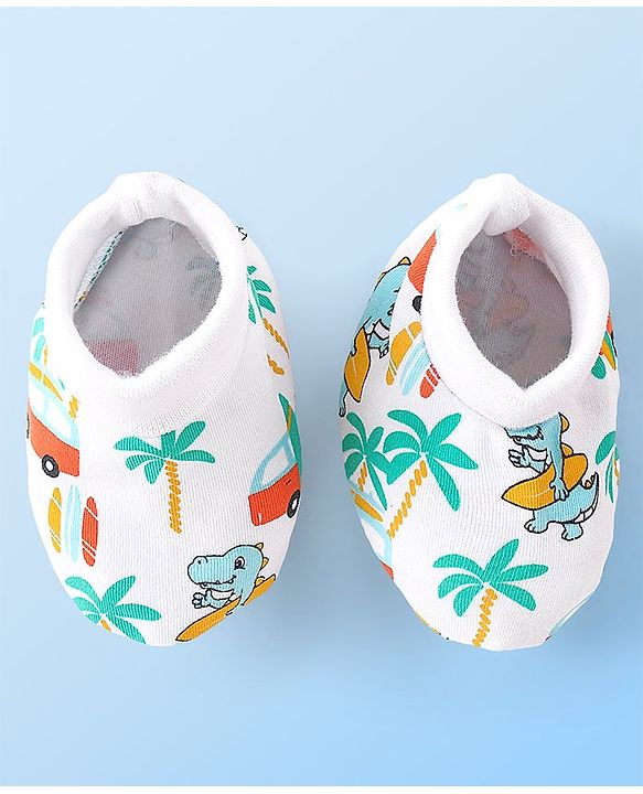 Babyhug 100% Cotton Knit Dino Printed Mittens & Booties Set - Multicolour