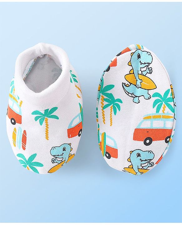 Babyhug 100% Cotton Knit Dino Printed Mittens & Booties Set - Multicolour