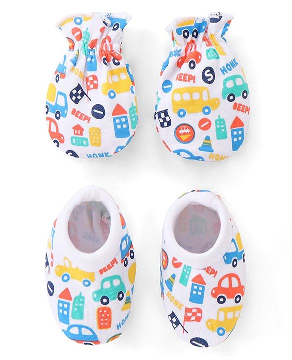 Babyhug 100% Cotton Mittens & Booties Vehicle Print - White