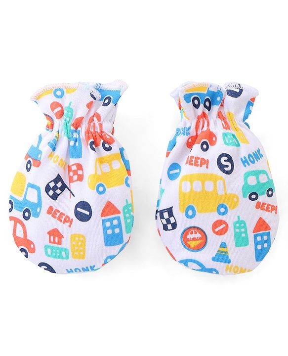 Babyhug 100% Cotton Mittens & Booties Vehicle Print - White