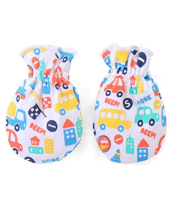 Babyhug 100% Cotton Mittens & Booties Vehicle Print - White