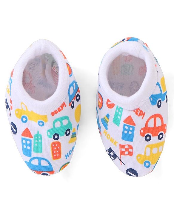 Babyhug 100% Cotton Mittens & Booties Vehicle Print - White