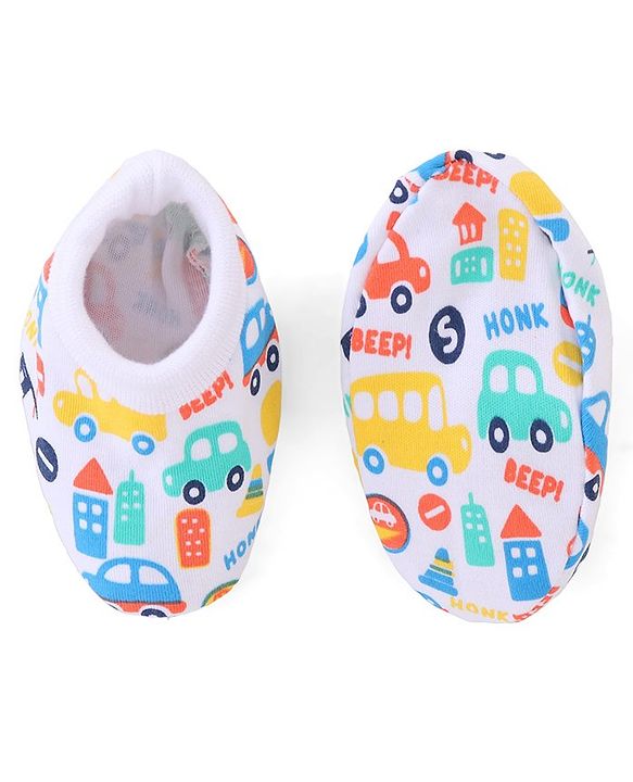 Babyhug 100% Cotton Mittens & Booties Vehicle Print - White