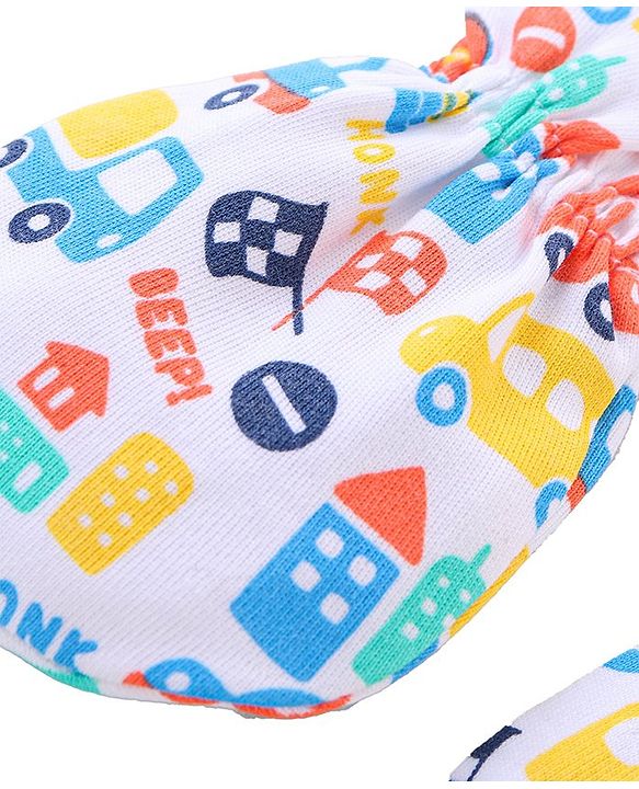 Babyhug 100% Cotton Mittens & Booties Vehicle Print - White