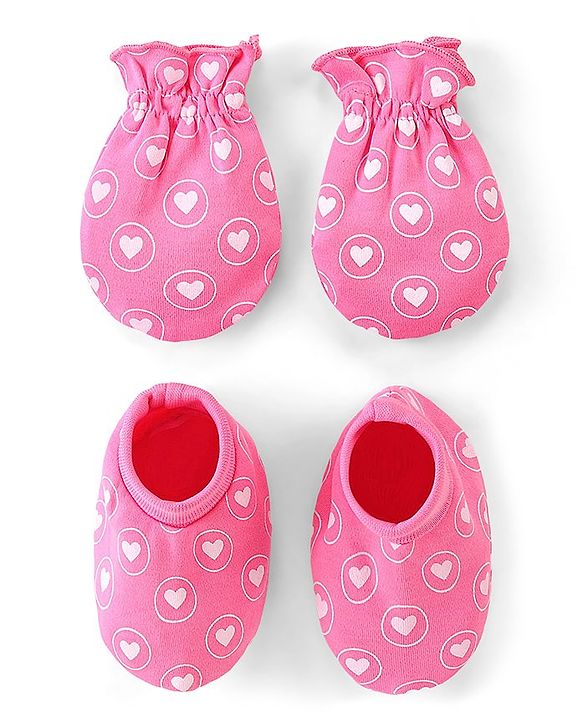 Babyhug 100% Cotton Interlock Mittens & Booties Set Hearts Print - Pink