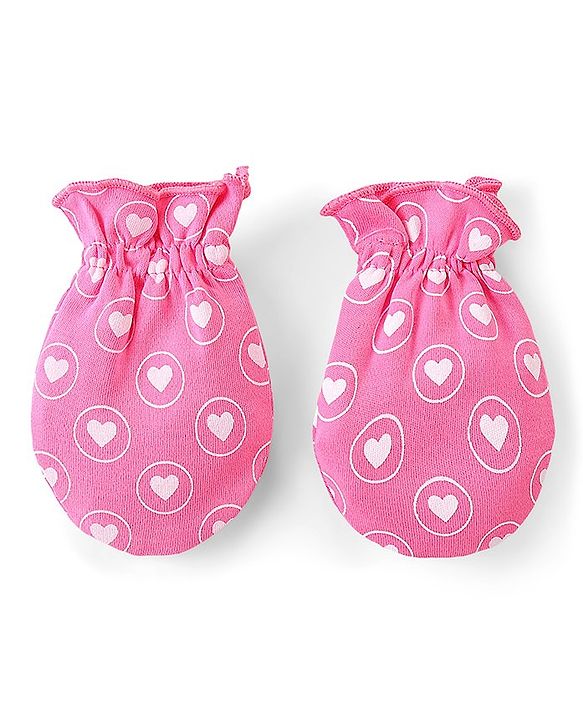 Babyhug 100% Cotton Interlock Mittens & Booties Set Hearts Print - Pink