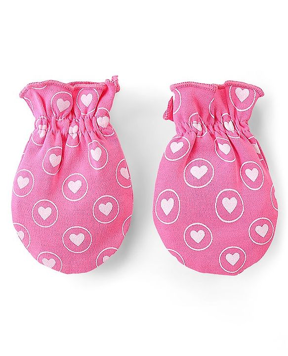 Babyhug 100% Cotton Interlock Mittens & Booties Set Hearts Print - Pink