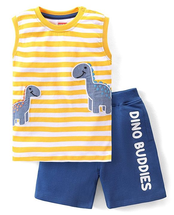 Babyhug Single Jersey Cotton Knit Sleeveless Striped T-Shirt & Shorts Set with Dino Embroidery - Yellow & Blue