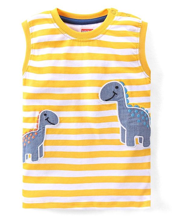 Babyhug Single Jersey Cotton Knit Sleeveless Striped T-Shirt & Shorts Set with Dino Embroidery - Yellow & Blue