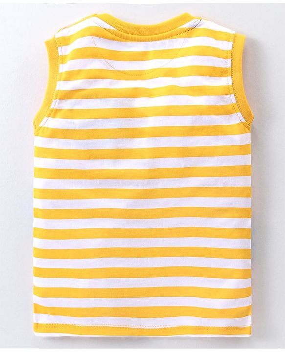 Babyhug Single Jersey Cotton Knit Sleeveless Striped T-Shirt & Shorts Set with Dino Embroidery - Yellow & Blue