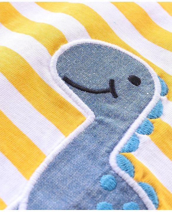 Babyhug Single Jersey Cotton Knit Sleeveless Striped T-Shirt & Shorts Set with Dino Embroidery - Yellow & Blue
