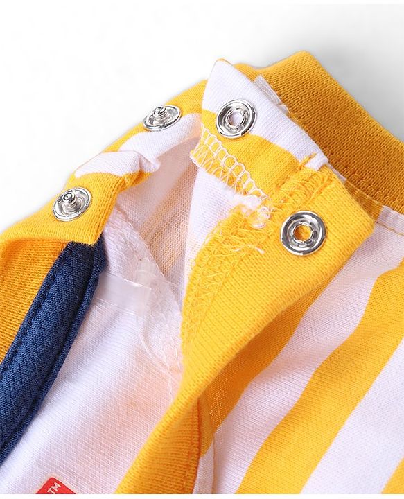 Babyhug Single Jersey Cotton Knit Sleeveless Striped T-Shirt & Shorts Set with Dino Embroidery - Yellow & Blue