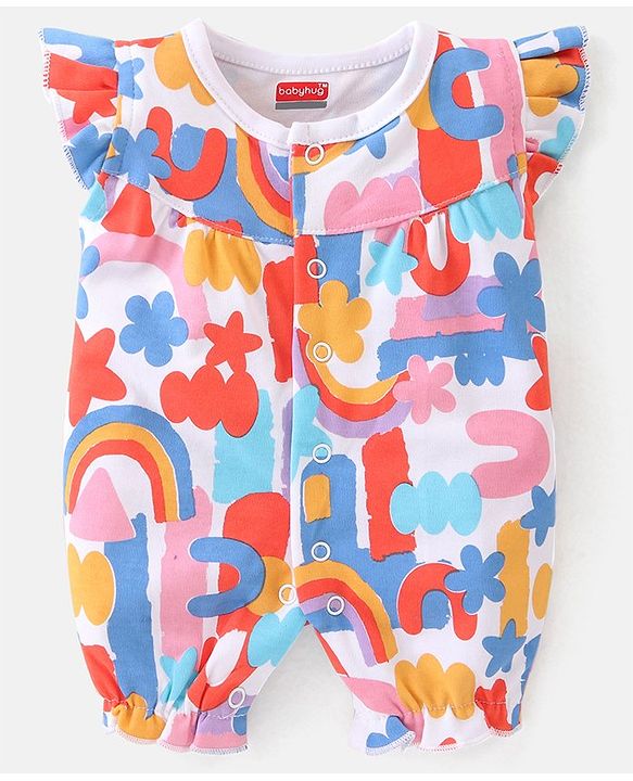 Babyhug 100% Cotton Knit Frill Sleeves Romper with Rainbow Print - Multicolour