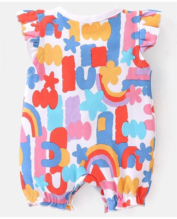 Babyhug 100% Cotton Knit Frill Sleeves Romper with Rainbow Print - Multicolour