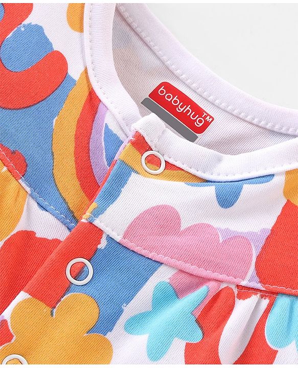 Babyhug 100% Cotton Knit Frill Sleeves Romper with Rainbow Print - Multicolour
