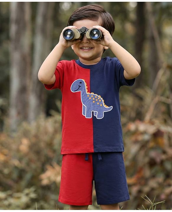 Babyhug Single Jersey Knit Half Sleeves T-Shirt & Shorts Set with Dino Embroidery - Red & Blue
