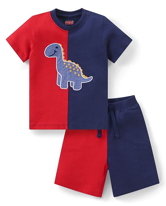 Babyhug Single Jersey Knit Half Sleeves T-Shirt & Shorts Set with Dino Embroidery - Red & Blue