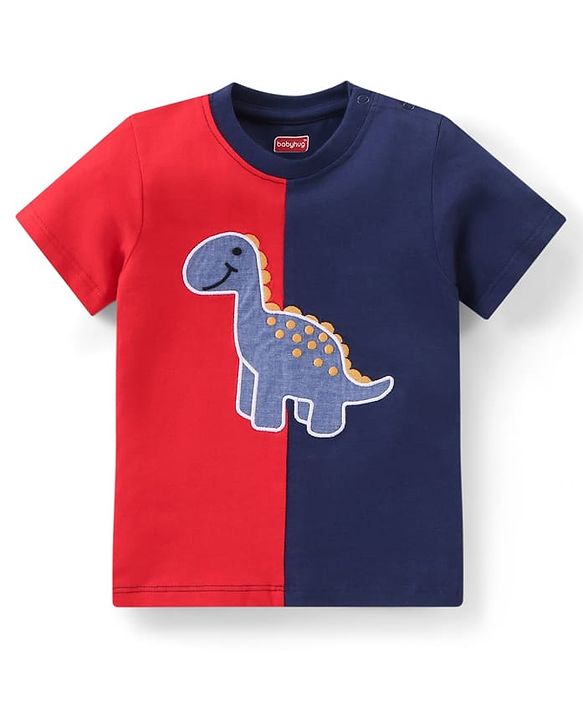 Babyhug Single Jersey Knit Half Sleeves T-Shirt & Shorts Set with Dino Embroidery - Red & Blue
