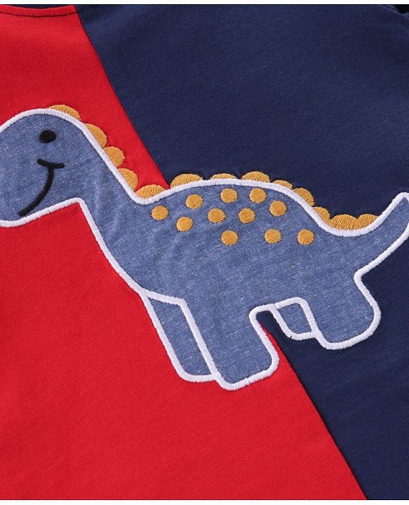 Babyhug Single Jersey Knit Half Sleeves T-Shirt & Shorts Set with Dino Embroidery - Red & Blue