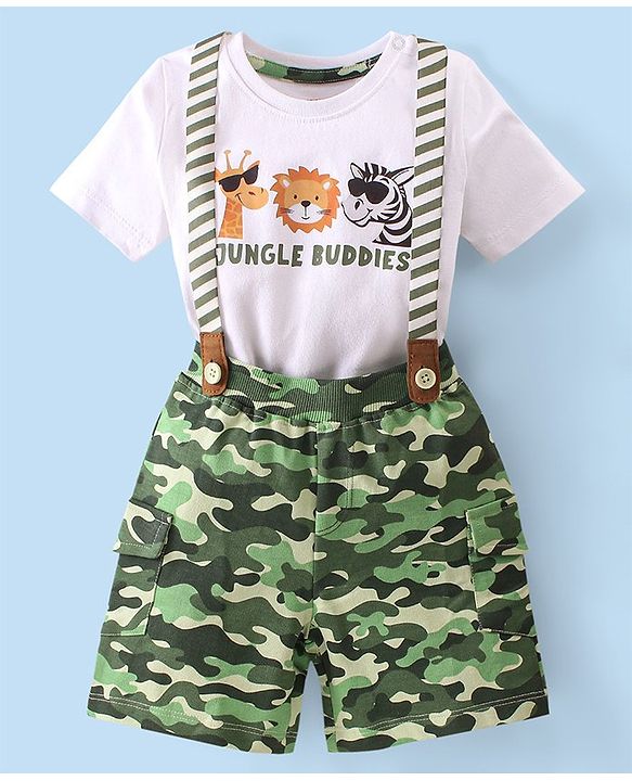 Babyhug Single Jersey Knit Half Sleeves  T-Shirt &  Camouflage Shorts Set  Animal Print - White & Green