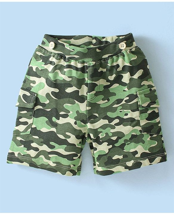 Babyhug Single Jersey Knit Half Sleeves  T-Shirt &  Camouflage Shorts Set  Animal Print - White & Green