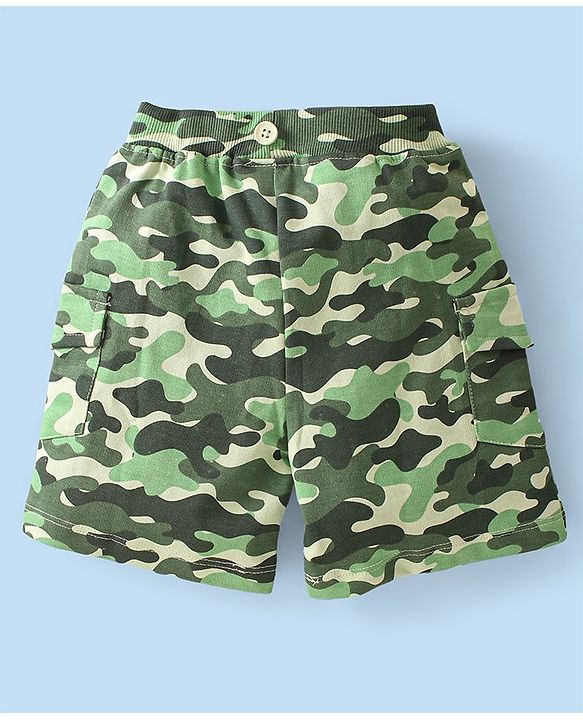 Babyhug Single Jersey Knit Half Sleeves  T-Shirt &  Camouflage Shorts Set  Animal Print - White & Green