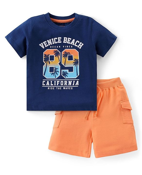 Babyhug Cotton Knit Half Sleeves T-Shirt & Shorts Set With Text Print - Blue & Orange