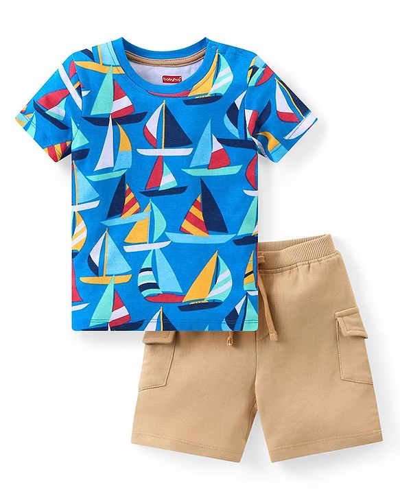 Babyhug Single Jersey Knit Half Sleeves T-Shirt & Shorts Set with Boat Print - Blue & Beige