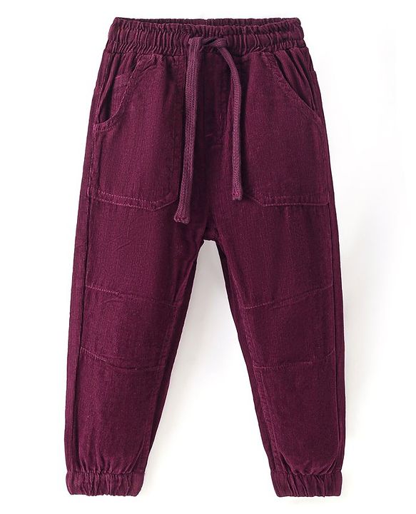 Babyhug Cotton Lycra Full Length Solid Corduroy Pants -Wine
