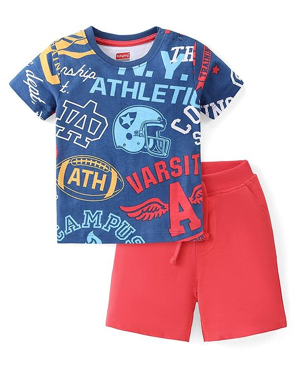 Babyhug Cotton Knit Half Sleeves T-Shirt & Shorts Set With Varsity Print - Blue