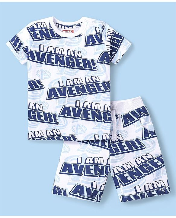 Babyhug Marvel Single Jersey Knit Half Sleeve T-Shirt and Short Set with Avengers Print- White
