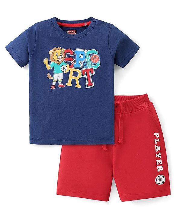 Babyhug Cotton Knit Half Sleeves T-Shirt & Shorts Set With Lion Print - Blue & Red