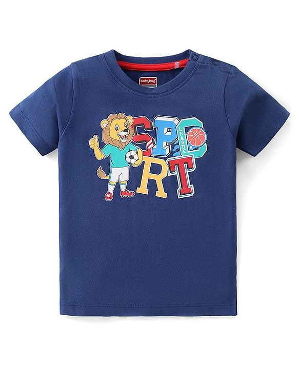 Babyhug Cotton Knit Half Sleeves T-Shirt & Shorts Set With Lion Print - Blue & Red