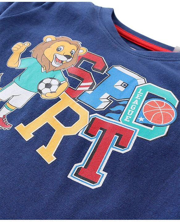 Babyhug Cotton Knit Half Sleeves T-Shirt & Shorts Set With Lion Print - Blue & Red