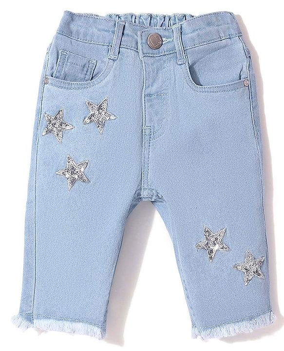 Babyhug Denim Solid Capris with Star Applique - Blue